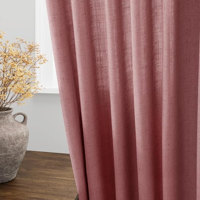 Canyon Rose Linen Curtains for Living Room 63 Inches Long 2 Panel Set Light Filtering Linen Drapes for Kitchen Windows Rod Pocket Back Tab Short See Through Curtain Country Farmhouse Decor 52x63