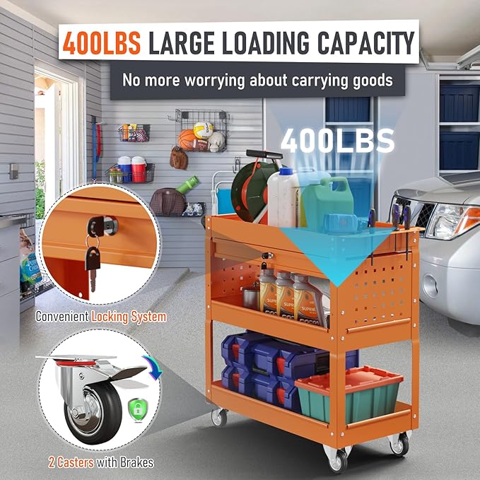 3 Tier Rolling Tool Cart, Heavy Duty Tool Cart on Wheels for Mechanics,400 LBS Tool Cart with Drawers for Garage, Warehouse & Repair Shop (Orange)