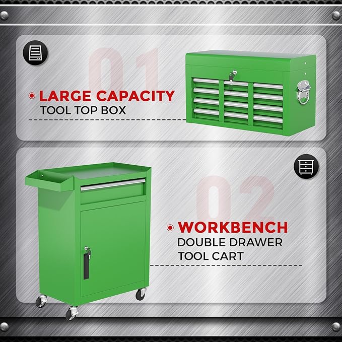 INTERGREAT Tool Chest Cabinet, 5-Drawer Rolling Tool Chest with Detachable Top Tool Box, Tool Chests with Universal Lockable Wheels, Metal Tool Cart for Garage, Workshop, Barbershop(Green)