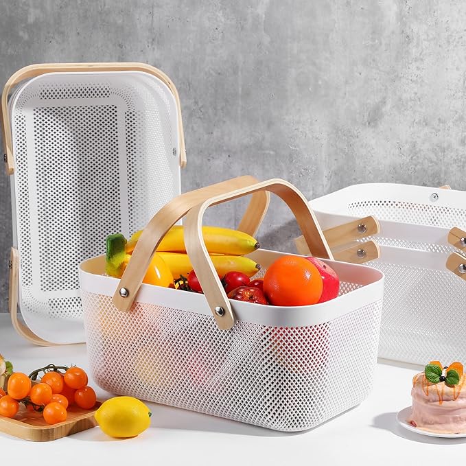 Sadnyy 4 Pcs Plastic Mesh Garden Harvest Basket Storage Basket with Wooden Handle Multi Functional Mesh Bin for Kitchen Cabinet Picnic Fruit Vegetable Gathering Organizer(Large,White)