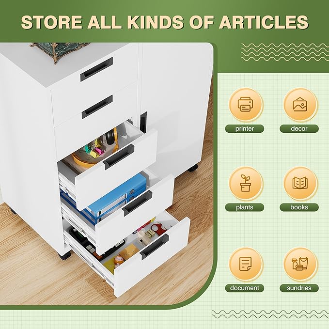 Office Storage Cabinet, 5 Drawer Metal Cabinet, Printer Stand with Storage Shelves, Mobile Storage Cabinet, Craft Storage Drawers for Home (White)