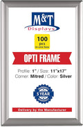M&T Displays Opti Snap Poster Frame 11x17 Inch Silver 1" Aluminum Profile Front Loading Wall Mounting Photo Picture Document Certificate Sign Holder Mitered Corner Anti Glare Cover (100 pack)
