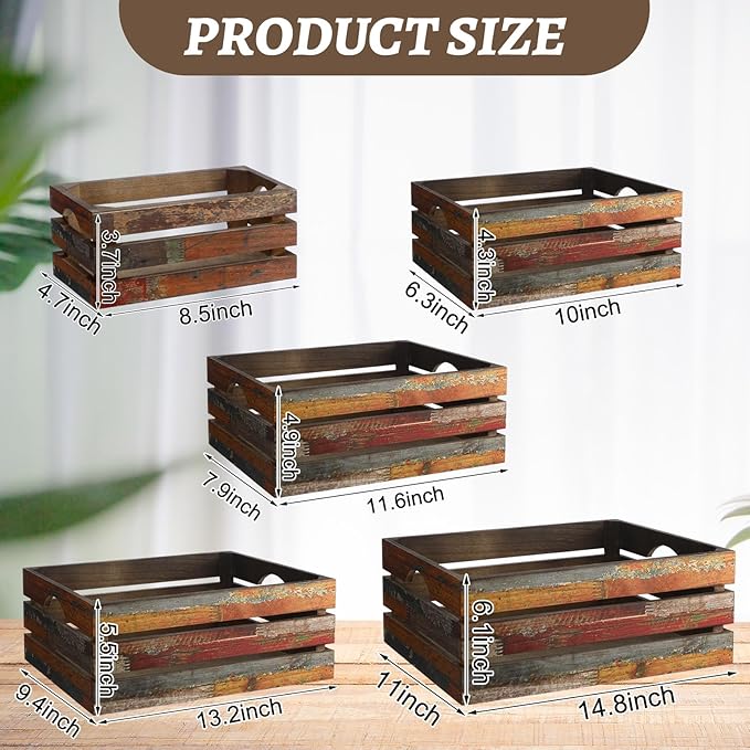 Barydat Set of 5 Wood Crates for Display Decorative Nesting Wooden Crate Storage with Handles Vintage Farmhouse Style Decorative Boxes Multipurpose Fruits Vegetables Boxes(Colored Drawing,Random)