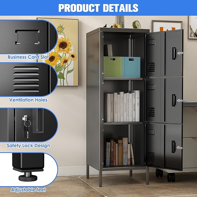 Aobabo 16" W 3 Door Metal Storage Locker with Lock, 47" H Steel Locker with Name Card Holder and Metal Leg for School, Home, Office, Playroom, Assembly Required, Black