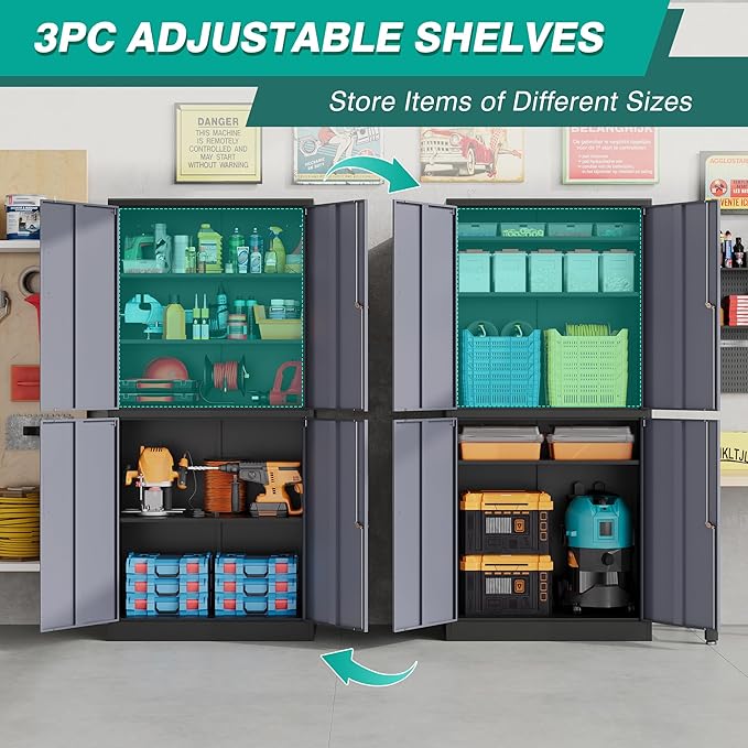 SISESOL Metal Storage Cabinets with Doors and Shelves,71" Metal Garage Storage Cabinet with Lock,Gray Steel Cabinet with Locking Doors,4 Door Lockable Cabinets for Garage,Home,Office