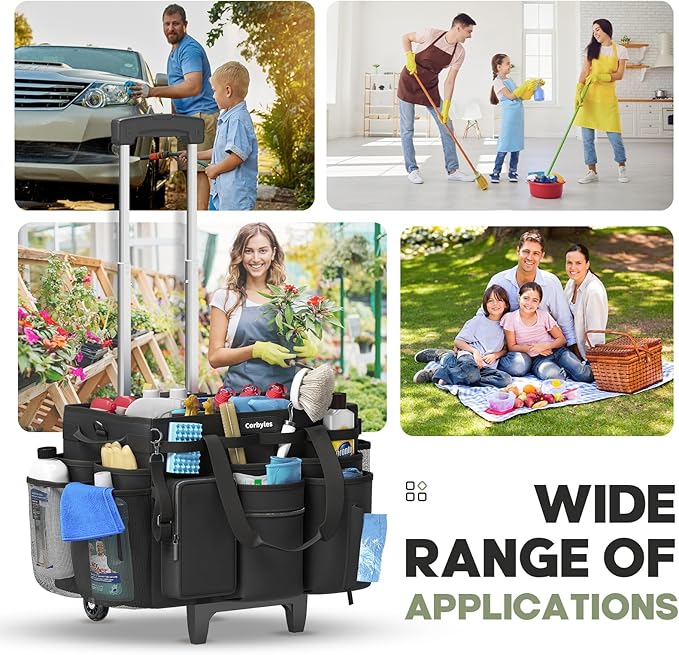 Rolling Cleaning Caddy Bag with Detachable Trolley, Cleaning Supplies Organizer Cart on Wheels, Cleaning Supply Caddy for Housekeepers, Large Professional Detailing Bag Tote for Home, Car (Black)