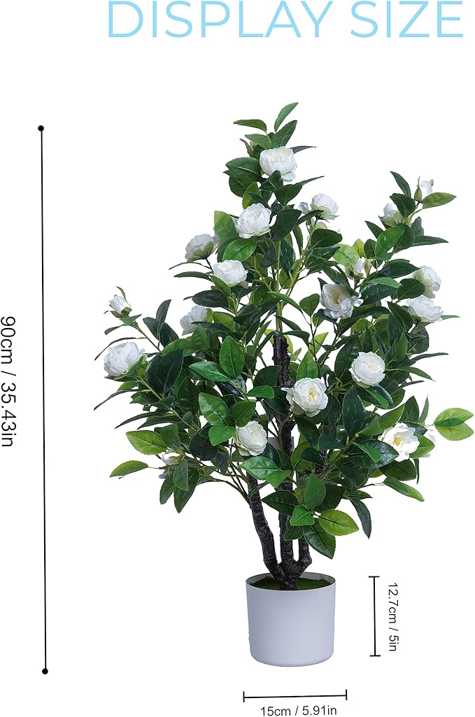 Artificial Camellia Tree 35in Faux Floral Plant with White Flowers and Green Leaves - No Maintenance Indoor Outdoor Office Home Porch Decor Housewarming Gift(1 Pack - White)