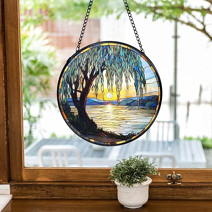 TNUW Willow Tree Stained Glass Window Hanging, Nature Sunset Weeping Willow Tree Sun Catchers Indoor Window Glass Round Wall Art Decor, Nature Landscape Wall Hanging Decorations, 7.9＂x7.9＂
