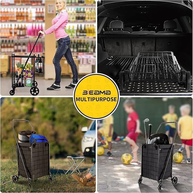 Folding Shopping Cart with Waterproof Liner, Grocery Cart Large Bag with Top Cover, 200 Lb Capacity, Utility Cart with 360° Rolling Swivel Wheels, Medium & Extra Basket