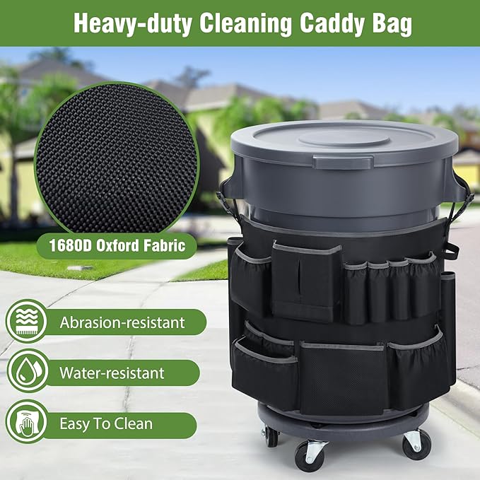 4PCS Trash Can Caddy Bags Fit 32-55 Gallon Garbage Bin, Garbage Bin Caddy Bag with 13 Pockets Compatible with Brute & Uline, Commercial Cleaning Supplies Organizer Bag & Janitorial Duties(4PCS)
