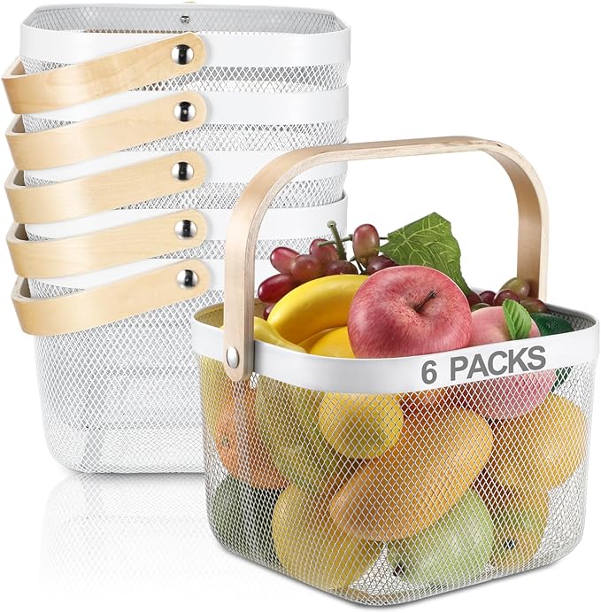 Roshtia 6 Pcs Metal Mesh Steel Basket with Handle, Square Wire Harvest Thanksgiving, Shopping Baskets for Retail Store Christmas Garden Bathroom Kitchen(9.65 x 9.65 x 7.09 Inch,White)