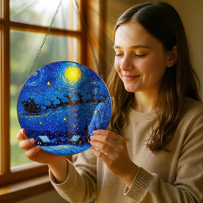 8-Inch Starry Night Santa Sleigh Stained Glass Window Hanging & Ornament: Stained Glass Suncatcher Ornament, Sun Catcher Window Decor – Gifts Exchange, Gift Idea, Gifts for Christmas & Holidays