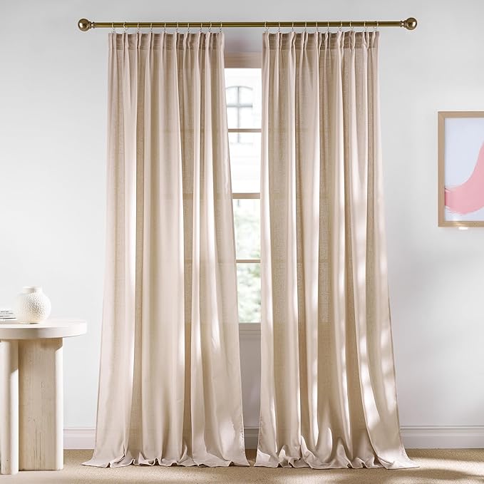 NICETOWN Semi Sheer Light Filtering 120 inches Long Curtains, Back Tab/Rod Pocket with Pleat Tape Thick Linen Privacy Added Window Treatments for Bedroom, Angora, W52 x L120, 2 Panels
