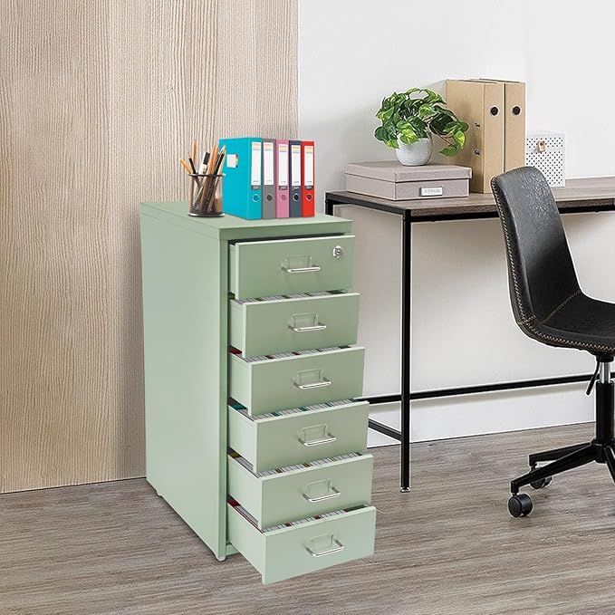 Vertical File Cabinet with 6 Drawer, Metal File Cabinet with Lock Filing Storage with Mobile Casters for A4 Legal/Letter Size Narrow