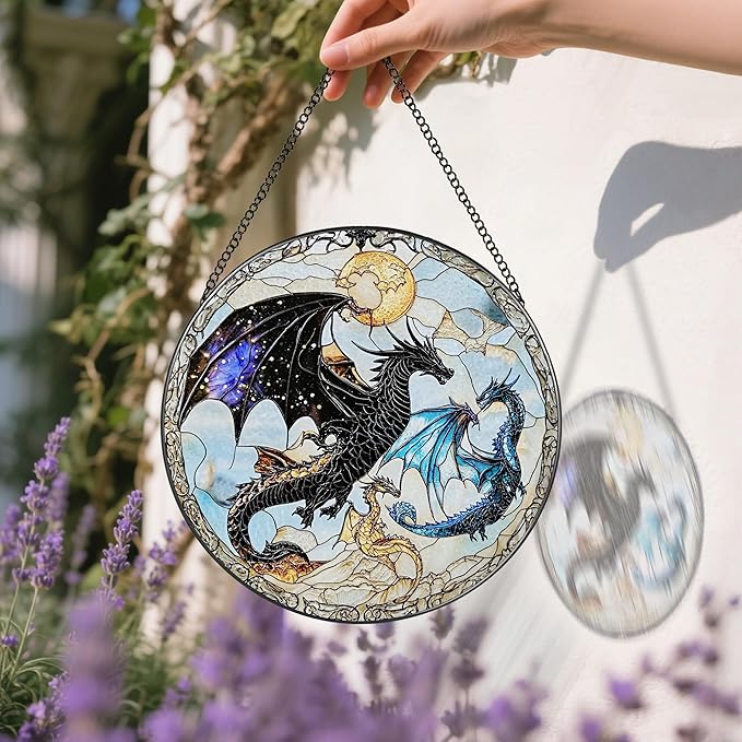 Dragon Stained Glass Window Hanging, 8 Inch Sun Catchers Indoor Window, Suncatchers for Windows Hanging, Home Decor and Christmas, Holiday, Mother's Day, Father's Day, Birthday Gifts for Women, Men