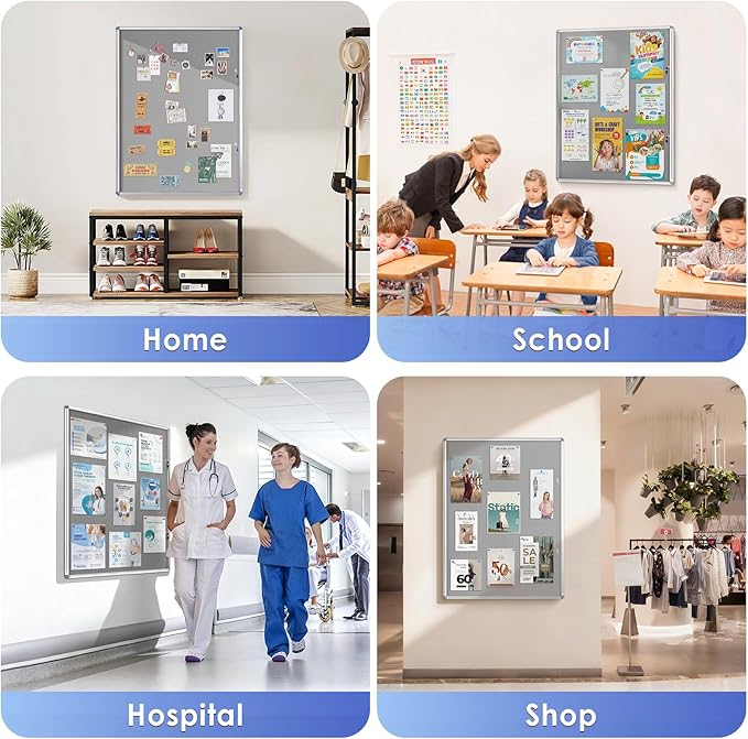 SWANCROWN Enclosed Bulletin Board 48x36in, Tamperproof Lockable Grey Felt Board Wall Display Case with 2 Locks for Office School Commerce, Aluminum Frame