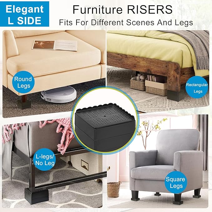 Bed Risers 1 inch, 2 inch, 3 inch, 4 inch Heavy Duty, Adjustable Furniture Riser for Table Desk Couch Sofa Chair Recliner Leg Frame Dorm, Stackable Bed Raisers Blocks (Black 4 Pack, 1 inch)