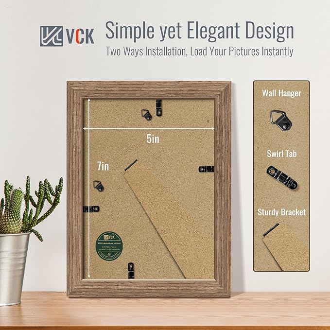VCK 5x7 Picture Frame 2 Pack - Walnut, High-End Wood Poster Frames with Tempered Glass, Display 4x6 Photo with Mat or 5x7 without Mat, Art Gallery-Quality, Wall Hanging/Tabletop, Walnut
