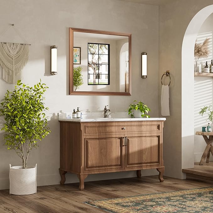 40x36 Inch Bathroom Mirror for Wall, Anti-Rust Walnut Wood Grain Metal Framed Bathroom Mirrors for Over Sink,Rectangler Mirrors for Bathroom Vanity, Farmhouse, Bedroom, Living Room, Entryway Decor