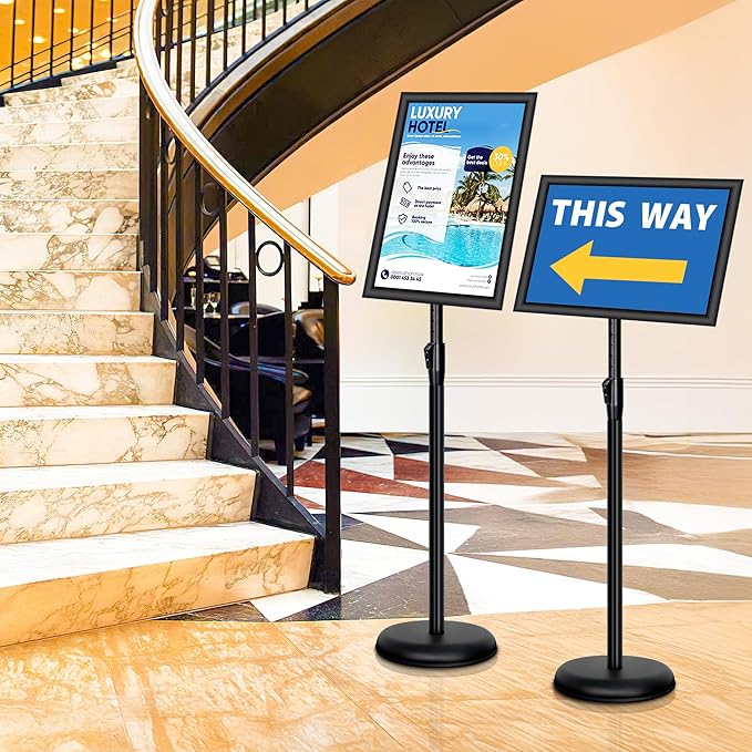 4 Pack Sign Holder Stands - 11 x17 inch Standing Sign Stand, Adjustable Poster Sign Holder Pedestal Floor Sign Stand, Aluminum Snap Open Frame for Vertical & Horizontal View Sign Stand, Black