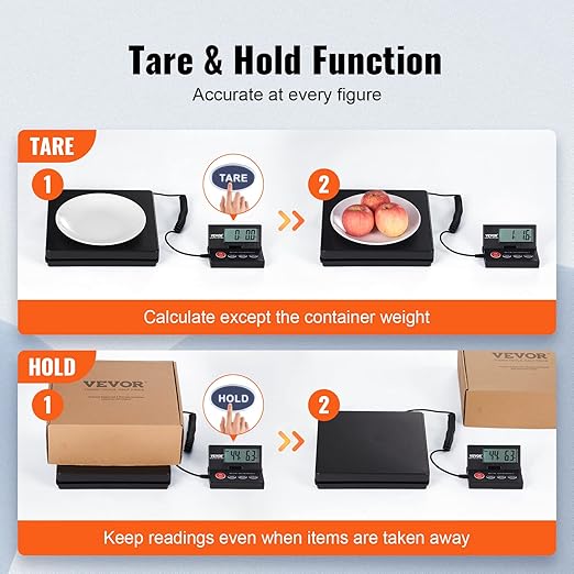 VEVOR Digital Shipping Scale, 110 lbs x 0.07 oz. Heavy Duty Postal Scale with Timer, Tare, Hold Function, 90° Foldable LCD Screen Package Scale for Laggage, Home, Post Office, AC/DC Powered, FCC Liste