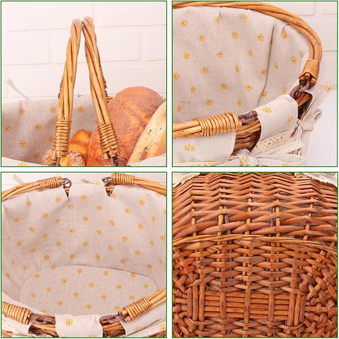 Wicker Picnic Basket with Double Folding Handles - 13.91 x 11.42 x 6.7 Inch Hand Woven Easter Basket, Natural Willow Picnic Basket with Handle, Woven Picnic Hamper for Outdoor Camping