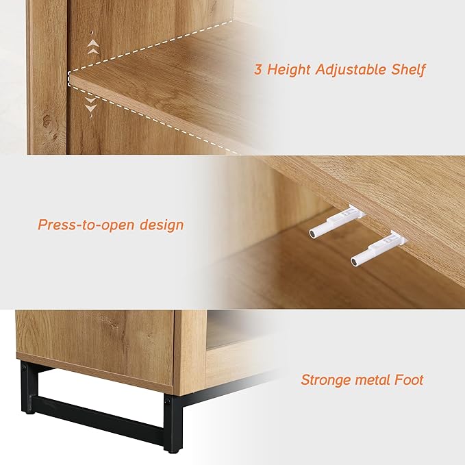 WAMPAT 4 PCS Modern 72" Tall Bookcase with 4 Drawers and Open Book Shelfs, Library Book Shelf with Storage Cabinet and Glass Doors, Wood Freestanding Bookshelves for Home Office, Living Room, Oak