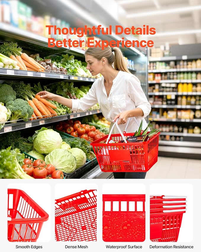 VEVOR Shopping Baskets, 12 PCS, 21L Stackable PE Plastic Grocery Baskets with Handles, Dense Mesh Structure, Holds up to 20 lbs, Portable for Grocery, Retail, Stores, Supermarket, Home Use, Red