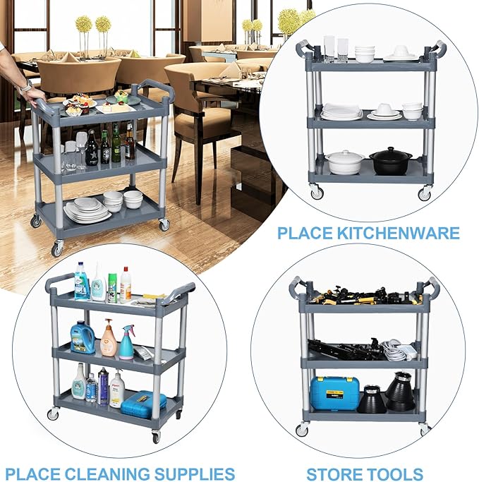 Farmoon Plastic Utility Cart with Wheels, 3-Tier Restaurant Cart, Rolling Food Service Cart, Grey
