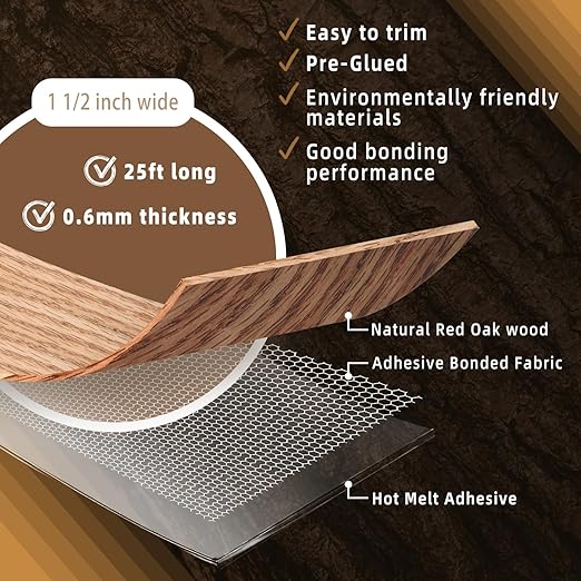 GSCIT Club Red Oak Edge Banding, 1 1/2 inch x 25ft roll of Veneer Edge Banding Pre-glued Flexible, Wood Tape Banding for Cabinet Repair Furniture