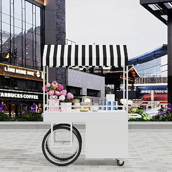 Food Cart for Business with Striped Canopy, Mobile Display Stand with Storage Drawers, for Street Food, Farmers Markets, Outdoor Events (Yellow, 39.37 * 27.56 * 78.74in)