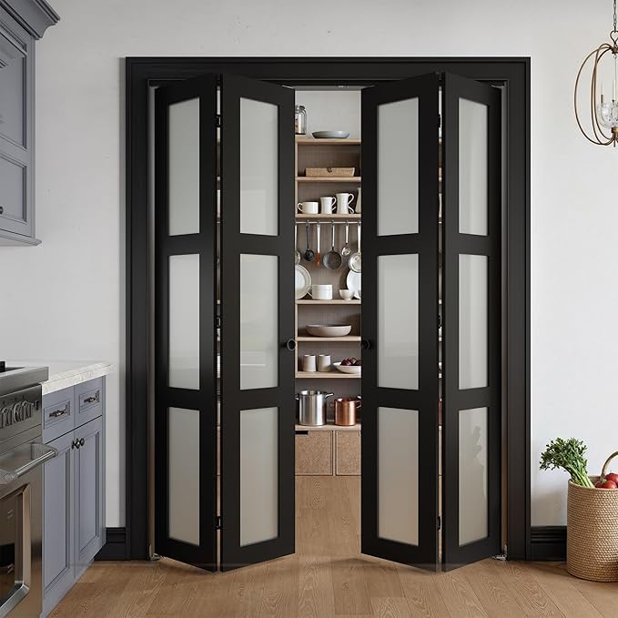 Bifold Doors for 64" x 80" Opening, 3-lite Tempered Frosted Glass Closet Folding Doors with Hardware kit Included, Easy Assembly, Black
