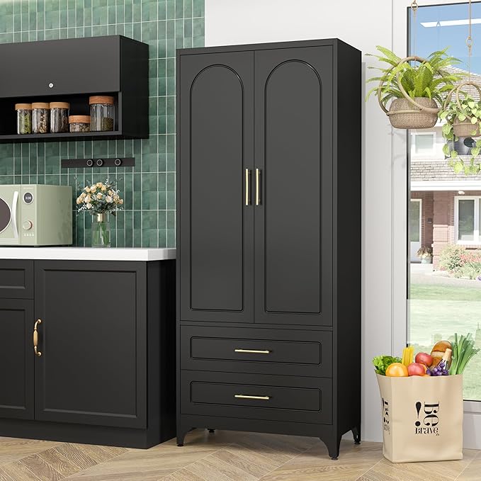 Metal Kitchen Pantry Storage Cabinet with 2 Drawers，75Inch Black Food Pantry Cabinets for Kitchen with 2 Adjustable Shelves，Tall Storage Cupboard for Living Room, Dining Room Office