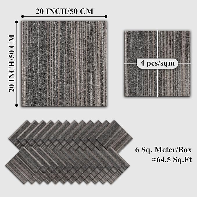 24 Tiles 20 X 20 Inch Carpet Tiles Floor, Carpet Squares for Living Room Bedroom Office, Stripe Light Grey (64.5 Sq.Ft per Box)