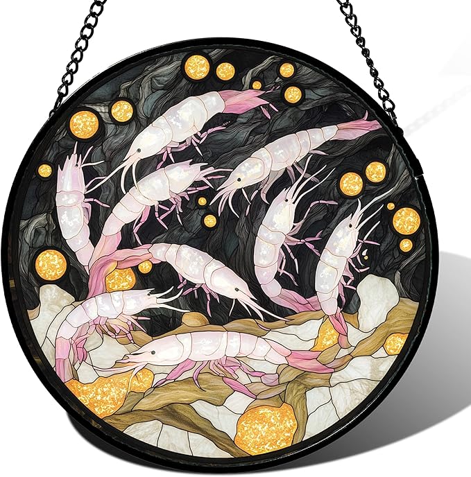 Stained Glass Window Hanging - Pink Shrimp Suncatcher for Doors Garden Marine Life Sun Catchers Decor Christmas Mother's Day Birthday Gifts for Women Men Mom Nana Friend Boys Girls 11.8 in