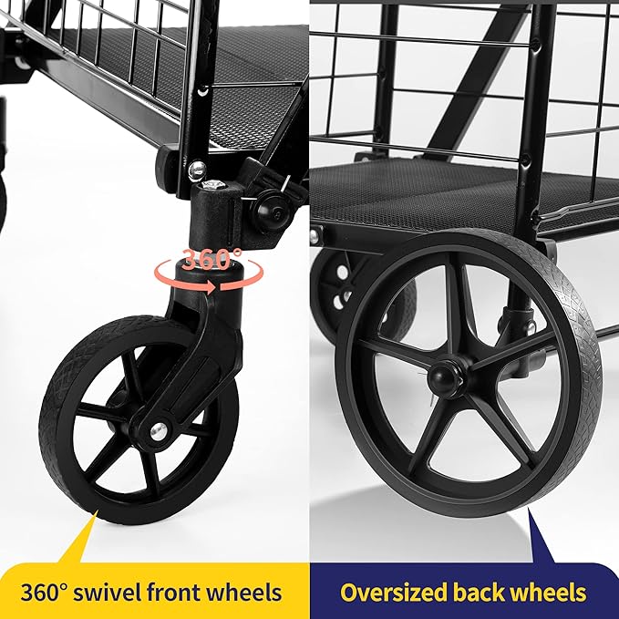 Folding Shopping Cart with Waterproof Liner, Grocery Cart Large Bag with Top Cover, 400 Lb Capacity, Utility Cart with 360° Rolling Swivel Wheels, Extra Large & Extra Basket