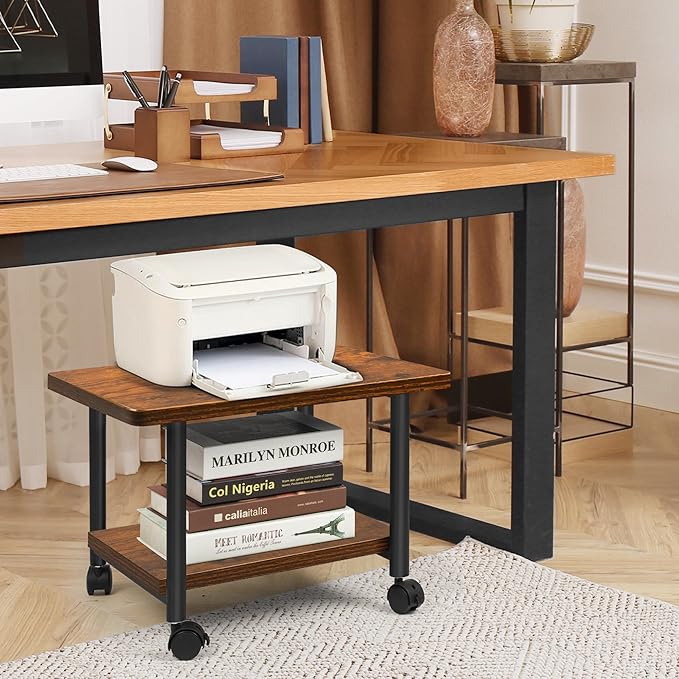 Under Desk Printer Stand - 2-Tier Industrial Mobile Printer Table with Storage Shelf, Heavy Duty Wood Rolling Printer Cart with Wheels for Home and Office,Rustic Brown