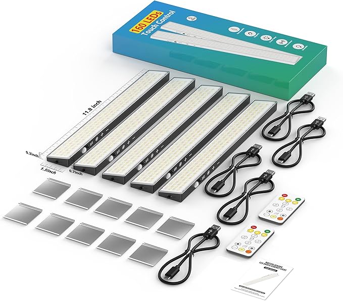 160LEDs Touch-Control Under Cabinet Lighting w/4000mAh Battery, Cordless Motion Sensor Under Counter Lights for Kitchen, Magnetic Rechargeable Closet Lights - 5Pack/Black, 2025 Fall