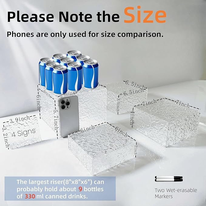4PCS Buffet Risers Display Stands with 4PCS Mini Signs,Acrylic Cube Display Risers with Hollow Bottom, 1 Set (6, 6.5, 7, 8)" (Transparent, 1 Set ( 6'',6.5'',7'',8'' ))