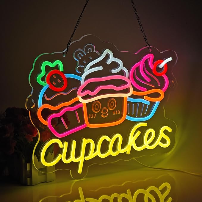 Cupcakes Neon Sign, Cupcakes Neon Lights Hanging Wall Art Decoration for Bakery Cafe Business Service Home Shop/Truck, USB Powered Ultra Bright Dimmable, 14.17×12.6 inches