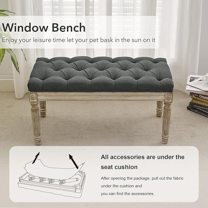 LOULENS French Vintage Entryway Bench, Linen Fabric Tufted Bench, Upholstered End of Bed Bench with Brushed Wood Legs, Dark Grey