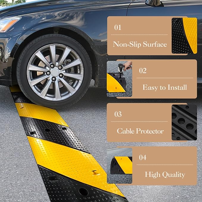 2 Pack 3.3 ft Speed Bumps - Heavy-Duty Rubber Construction, Dual Channel Floor Cord Cover, High Visibility Design, Non-Slip Surface, Easy Installation and Modular Design