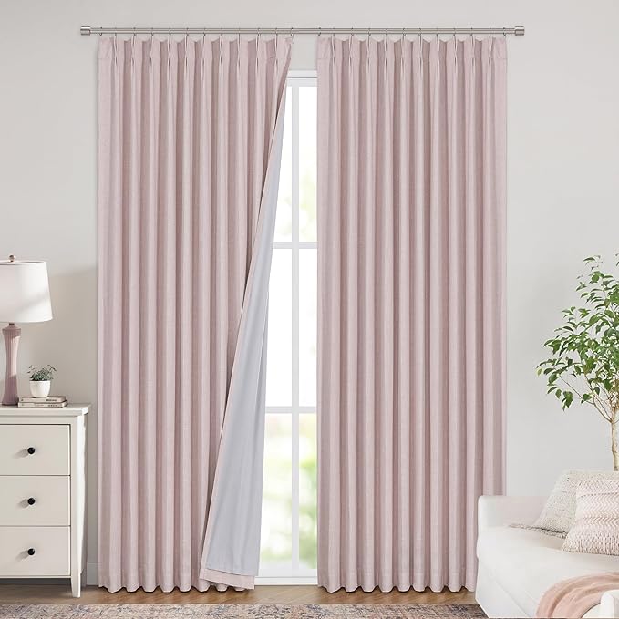 Vision Home Soft Pink Pinch Pleated Full Blackout Curtains Linen Blended Room Darkening Window Panels 90 inch for Living Room Bedroom Thermal Insulated Pinch Pleat Drapes with Hooks 60" Wx90 Lx1