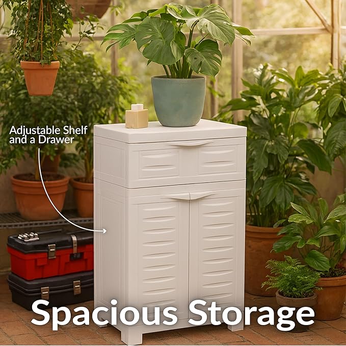 Sunnydaze Plastic Garage Storage Cabinet with Adjustable Shelf - 34.5" H - Garage, Office, Home, Laundry Room - Speckled White