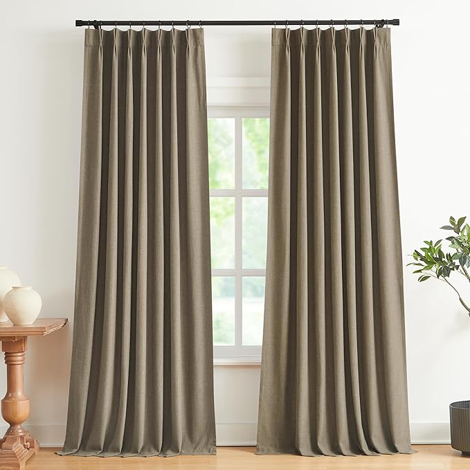 Vision Home Brown Pinch Pleated Full Blackout Curtains Linen Blended Room Darkening Window Curtains 95 inch for Living Room Bedroom Thermal Insulated Pinch Pleat Drapes with Hooks 2 Panel 40" Wx95 L