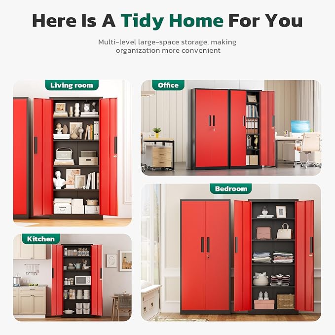 Greenvelly Metal Storage Cabinet, 63" H Locking Metal Storage Cabinet with Doors and 4 Shelves, Lockable Steel Cabinets for Kitchen, Bedroom, Living Room, Office (Red)