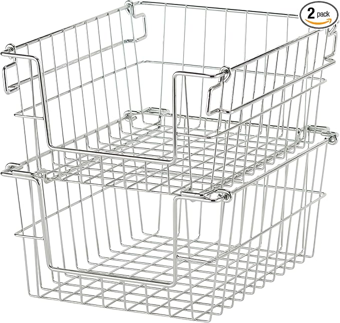TRINITY 2-Pack Stackable Metal Wire Storage Baskets With Handles, EcoStorage Chrome, 11 Inches