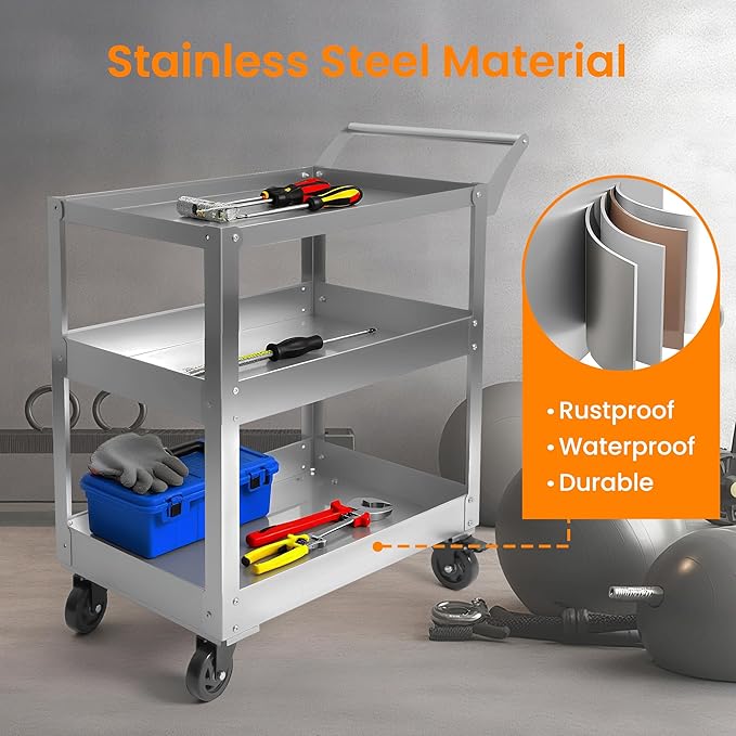 3-Tier Gauge Stainless Steel Multi-Functional cart, 1100-pound Heavy-Duty Wheeled Service cart, Wheeled Rolling Tool cart, Suitable for Mechanics, garages, workshops, Warehouses