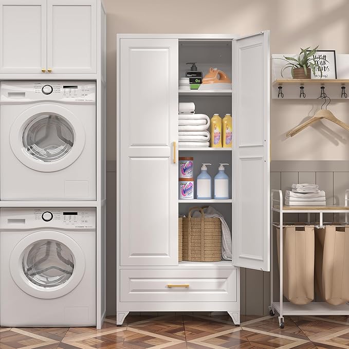 75" Kitchen Pantry Cabinet with Drawer, Metal Storage Cabinets with Doors and 4 Adjustable Shelves,White Kitchen Cabinet with 2 Gold Handles,Food Cupboard for Livingroom,Pantry, Bathroom