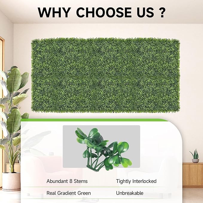 Artificial Grass Wall Panels, 24 PCS 10x10 inch Boxwood Hedge Wall Panels with 100 Zip Ties, Boxwood Panels Backdrop for Outdoor Indoor Decorative Garden Fences Backyard Patio Privacy Hedge